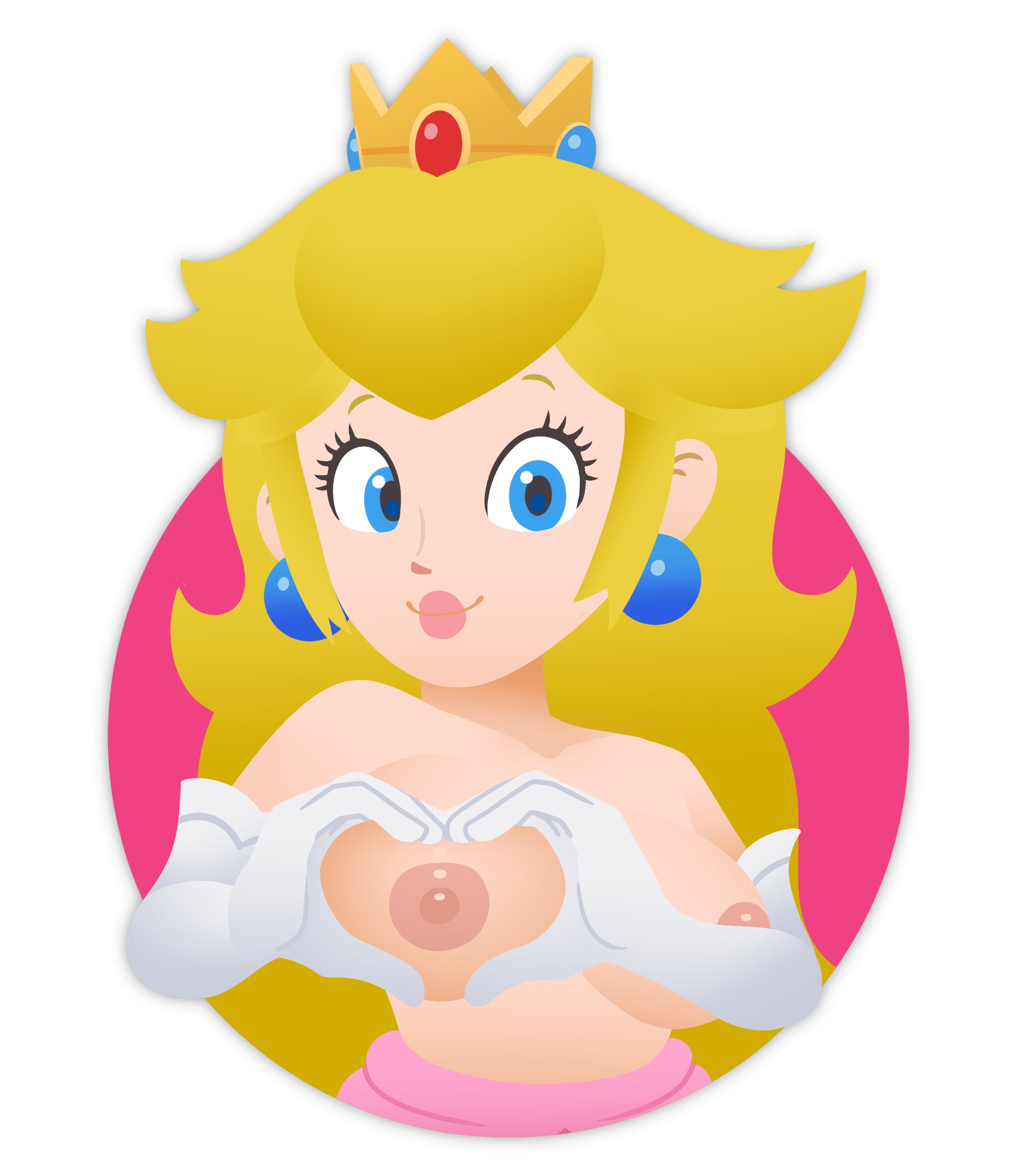 1girls, accurate art style, blonde, blonde female, blonde hair, blonde-haired female, blue eyes, breasts, crown, edited, female, female focus, female only, heart, heart hands, hexanne, light skin, light-skinned female, making a heart, mario (series), mario bros, nintendo, official style, pink dress, princess, princess peach, pulled down, pulled down dress, royalty, simple background, simple coloring, smile, smiling at viewer, solo, solo female, solo focus, starveil (artist), style imitation, style parody, super mario bros., super mario party jamboree, white gloves