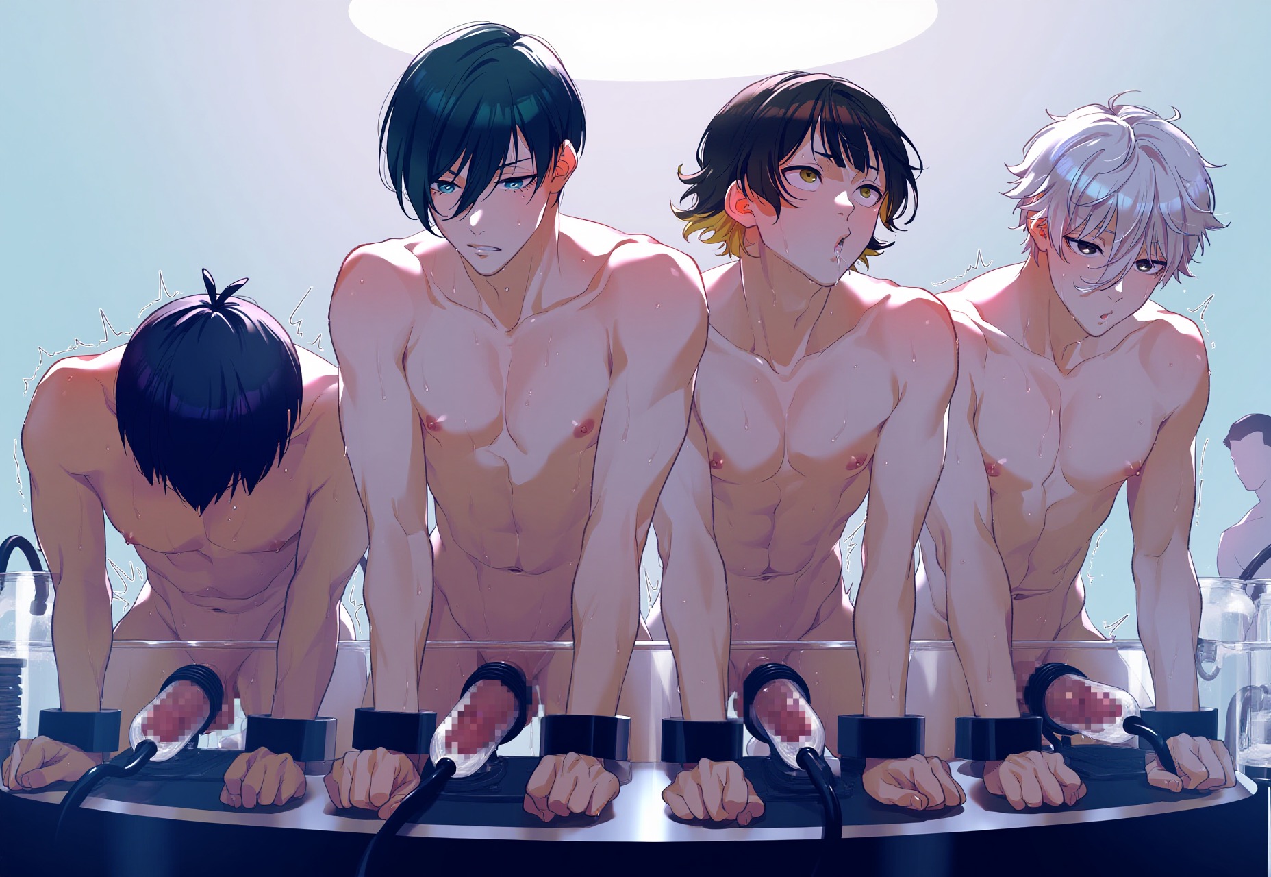 !!, ?, 4boys, ai, ai generated, bachira meguru, black hair, blue hair, blue lock, censored, cum, cum inside, green hair, isagi yoichi, itoshi rin, male, male only, moan, moaning, mosaic censoring, multiple boys, multiple males, nagi seishiro, nude, penis, penis milking, penis milking machine, pretty boy, restrained, restrained arms, sex toy, skinny, soccer, white hair