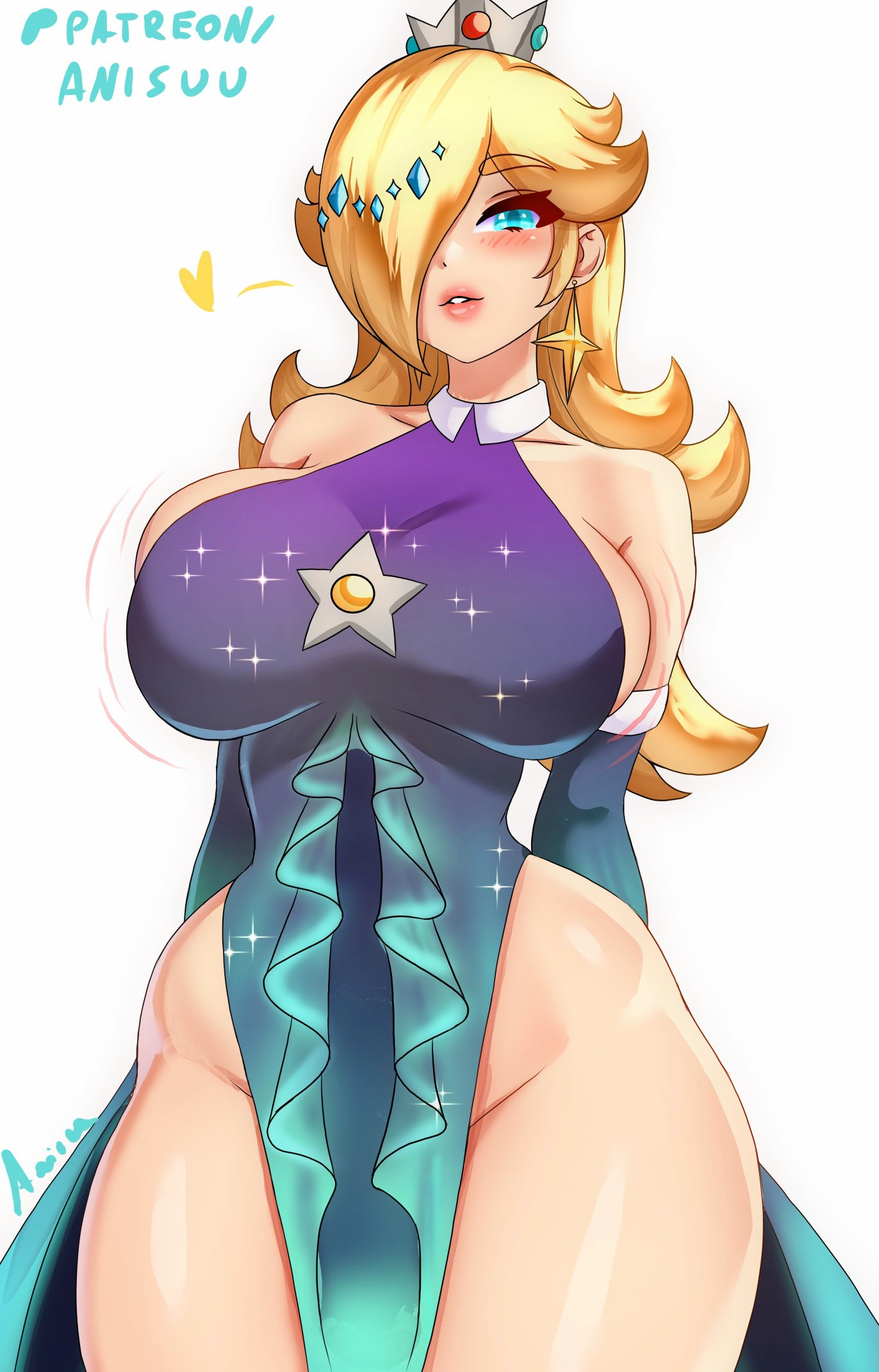 1girls anisdrawn artist_name blonde_hair blue_eyes breasts crown female hair_over_one_eye large_breasts long_hair mario_(series) mario_kart mario_kart_world nintendo princess_rosalina princess_rosalina_(aurora) simple_background solo solo_female solo_focus thick_thighs thighs white_background