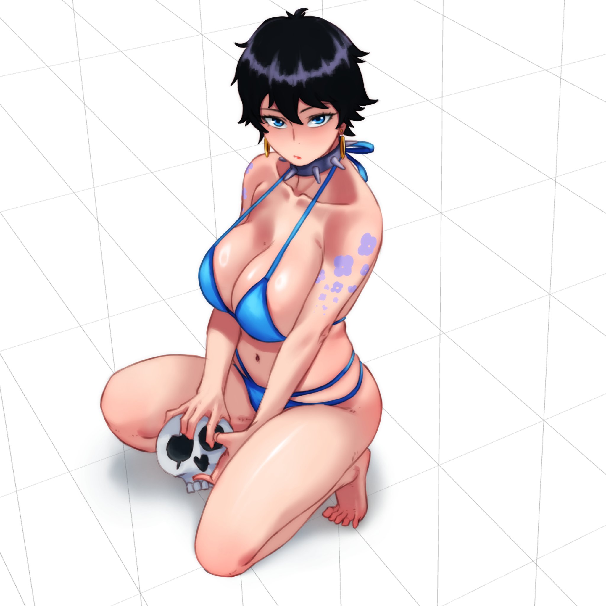 1girls, 2025, arm tattoo, ass, belly button, big breasts, bikini, black hair, black-haired female, blue bikini, blue clothing, blue eyes, blue tattoo, breast squeeze, breasts, busty, cleavage, clothed, clothed female, clothing, collar, doll (one piece), earrings, feet, female, female only, flower tattoo, front view, futz 11, hair, hands between legs, hi res, holding object, holding skull, hoop earrings, human, kneeling, large breasts, light skin, light-skinned female, looking at viewer, navel, one piece, short hair, simple background, skindentation, skull, solo, spiked collar, stomach, tattoo, thighs, toes, very short hair