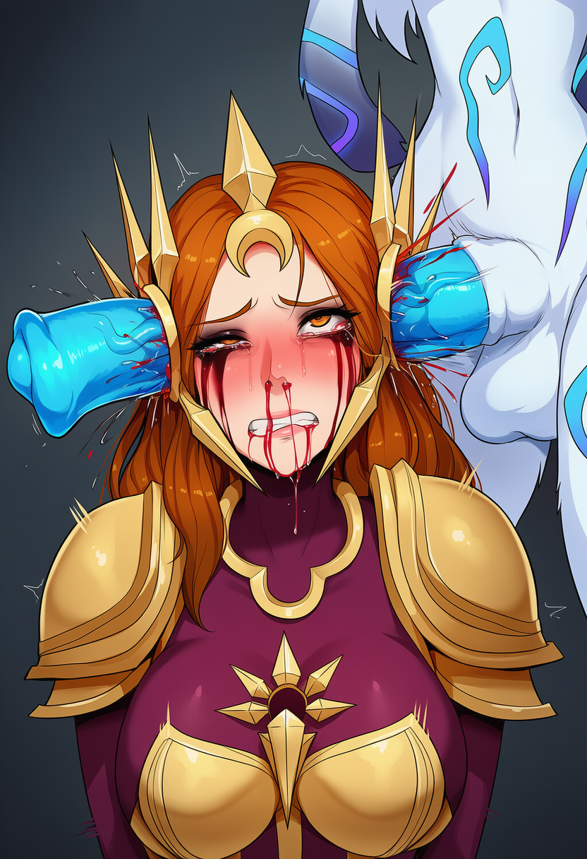 1futa1girl ai_generated blood_drip blood_on_face ear_penetration female guro imminent_death kindred league_of_legends leona_(league_of_legends) raped raped_by_futa revenant_ai skull_flossing skull_fucking