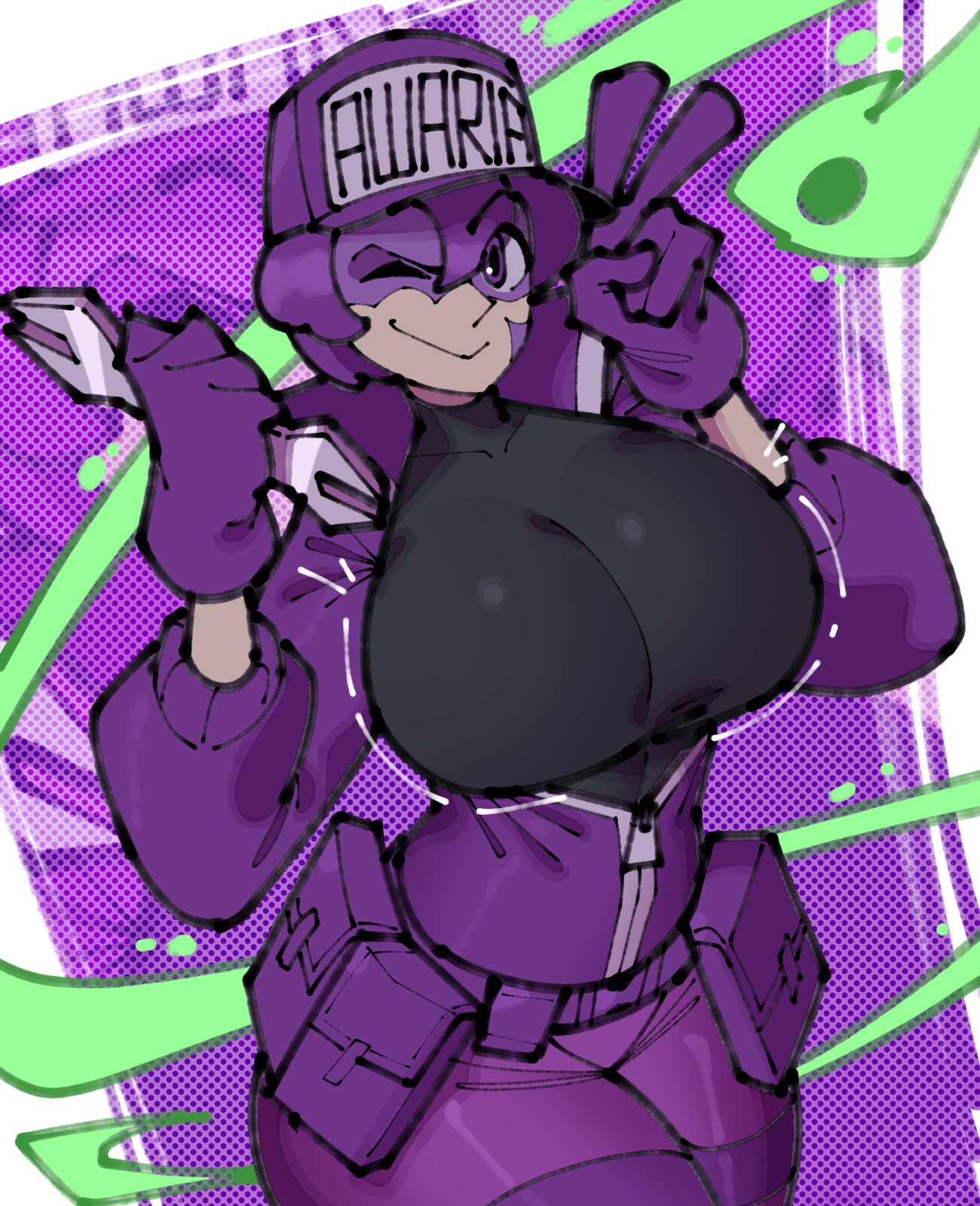 1girls, awaria, big breasts, breasts, clothed, clothed female, clothing, cloudiel, female, female only, hat, hips, looking at viewer, one eye closed, skin tight, smile, smiling, smiling at viewer, solo, solo female, thighs, ula usterka, uniform, utility belt, wink, winking at viewer, wrench