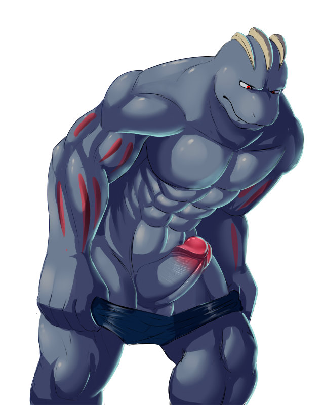 1boy bara erection humanoid_penis machoke male male_only muscles muscular nintendo nuroi pecs penis pokemon pokemon_(species) solo undressing