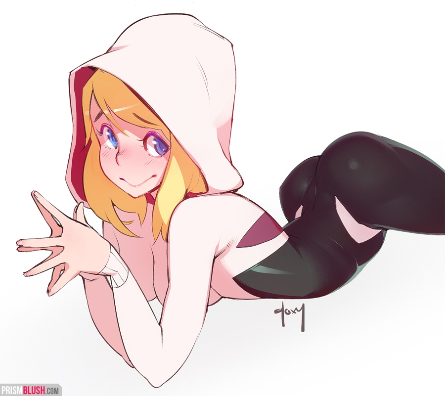 1girls, ass, blonde hair, blue eyes, bodysuit, breasts, doxy, female, female only, gwen stacy, hood, marvel, marvel comics, medium breasts, on stomach, smile, solo, spider-gwen, spider-man (series), tight clothes
