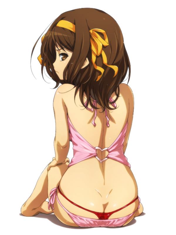 annoyed ass ass_cleavage back back_dimples bikini brown_eyes brown_hair butt_crack butt_dimples dimples_of_venus female hair_ribbon hairu looking_at_viewer looking_back panties pout red_panties ribbon short_hair side-tie_bikini simple_background solo suzumiya_haruhi suzumiya_haruhi_no_yuuutsu swimsuit thong thong_straps thongstraps underwear whale_tail