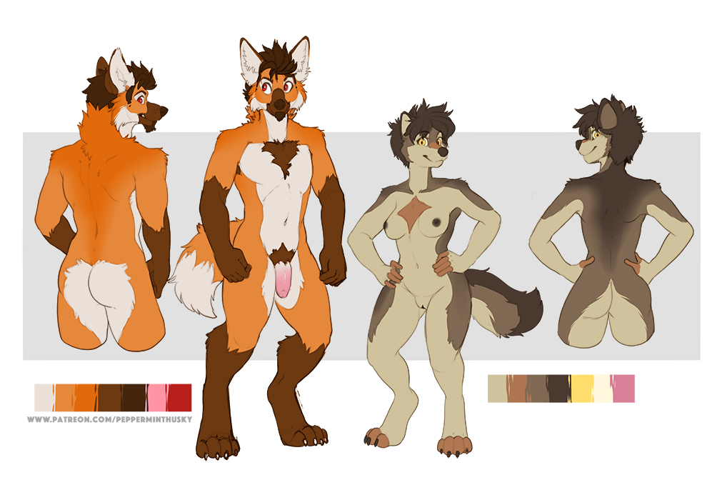 2016 ass ben_(roanoak) breasts brown_fur brown_hair brown_nose canine duo female fur furry furry_only hair male mammal maned_wolf model_sheet no_humans nude orange_fur penis red_eyes roanoak sandra_(roanoak) simple_background timber_wolf uncut wolf yellow_eyes