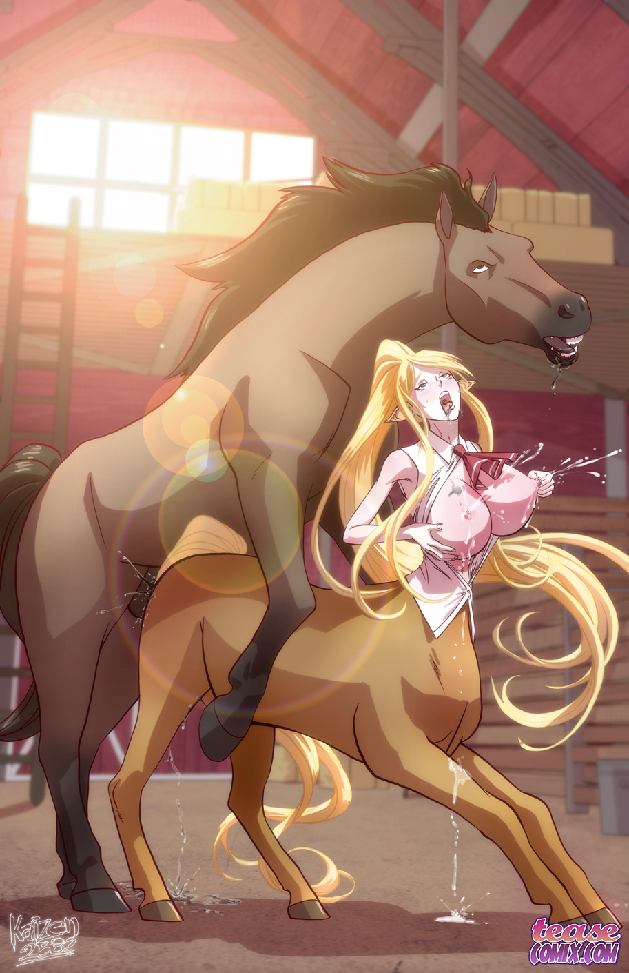 ahe_gao areolae barn big_breasts blonde_hair breast_grab breasts breasts_out breasts_out_of_clothes centaur centauress centauride centorea_shianus clothing erection female feral feral_on_taur from_behind hay hay_bale horse huge_breasts indoors kaizen2582 lactation ladder long_hair male milk milk_puddle milk_squirt monster_musume_no_iru_nichijou mounting mouth_open nipples open_mouth penis pleasure_face pointed_ears pointy_ears pussy_juice pussy_juice_drip pussy_juice_puddle saliva saliva_drip salivating sex shirt sunlight sunshine taur unbuttoned unbuttoned_shirt vaginal_penetration very_long_hair window zoophilia