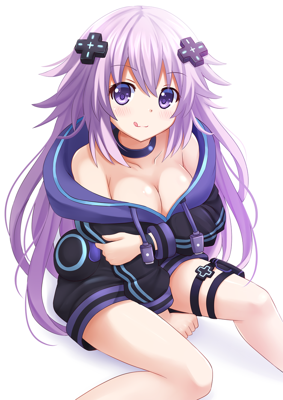 1girls :3 :q adult_neptune bare_shoulders between_legs blush breasts cleavage clenched_hand collar collarbone female hair_ornament hand_between_legs highres holster hood hooded_track_jacket jacket kazenokaze large_breasts licking_lips long_hair long_sleeves looking_at_viewer neptunia_(series) no_bra purple_eyes purple_hair short_hair sitting smile solo thigh_holster thigh_strap thighs tongue tongue_out track_jacket very_long_hair white_background