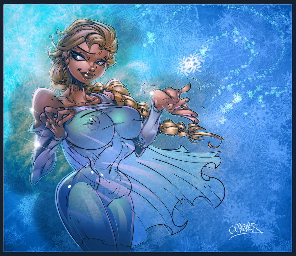 1girls ass bad_anatomy breasts disney elsa_(frozen) female female_only frozen_(film) huge_breasts impossible_clothes nipples princess see-through_clothing smile solo solo_female wagner