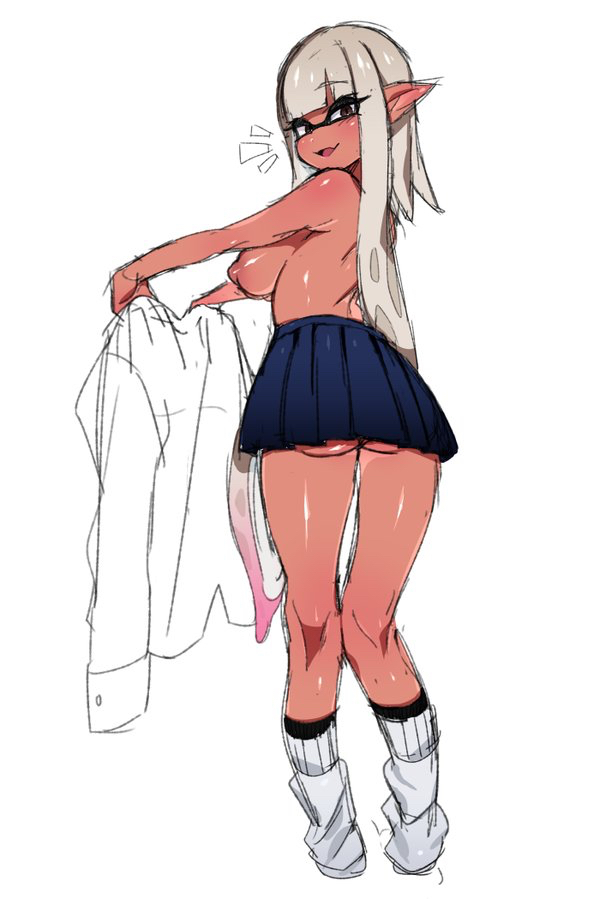anthro, ass, big breasts, breasts, cephalopod, cephalopod humanoid, changing, dark skin, dark-skinned female, female, humanoid, inkling, inkling girl, long hair, looking at viewer, looking back, mask (marking), nintendo, nipples, pointy ears, skirt, solo, splatoon, squid, tentacle, tentacle hair, topless, white hair