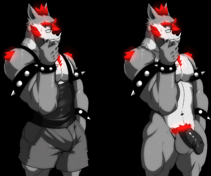 1boy 2016 anthro balls beard biceps big_muscles bulge canine clothed clothing cursedmarked dynewulf eyewear facial_hair flaccid fur glasses glowing hair humanoid_penis male male_only mammal muscular muscular_male nipples nude pants pecs penis red_fur shirt solo spiked_bracelet video_games