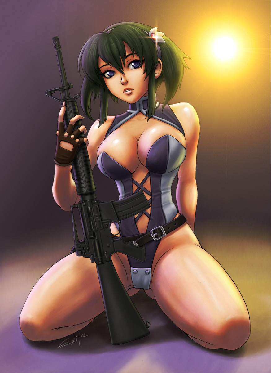 bangs barnette_orangello belt black_hair breasts cameltoe cleavage clothed clothing exile_(artist) eyelashes female female_only fingerless_gloves gloves gun hair_between_eyes hair_ornament human kneeling large_breasts purple_eyes rifle sidelocks signature skimpy skindentation solo vandread weapon