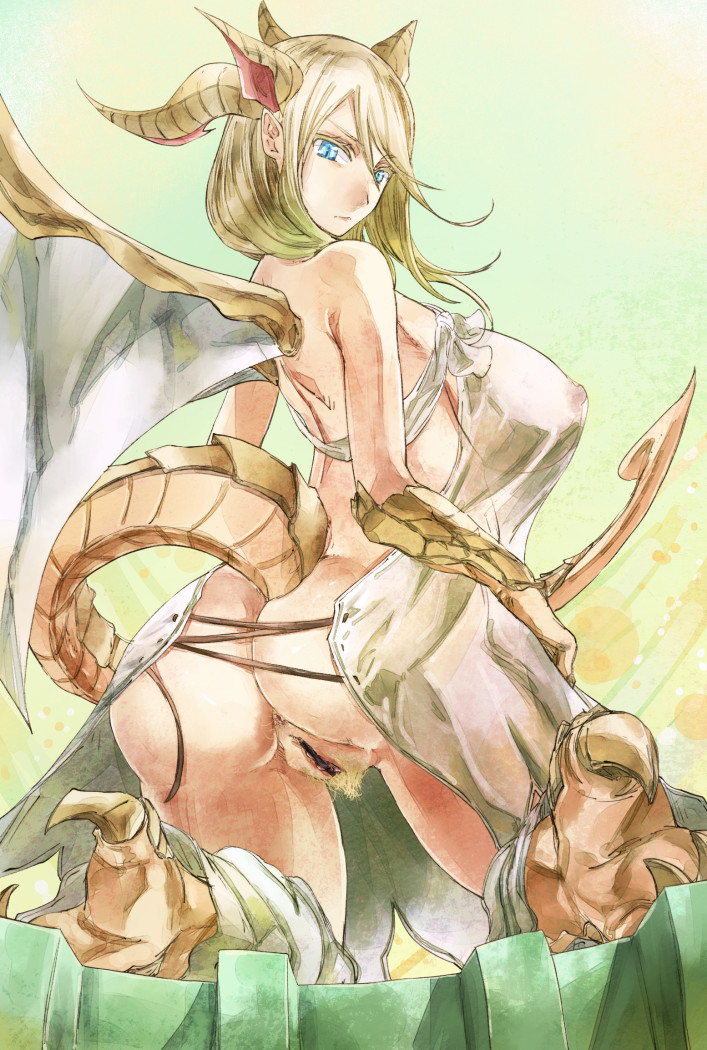 1girls anal_hair ass blonde_hair blue_eyes breasts censored claws dragon_girl dragon_horns dragon_tail dragon_wings female female_anus_hair female_only horns kneeling large_breasts myr_(p&d) nipples pubic_hair pussy puzzle_&_dragons see-through solo tail wings yohane