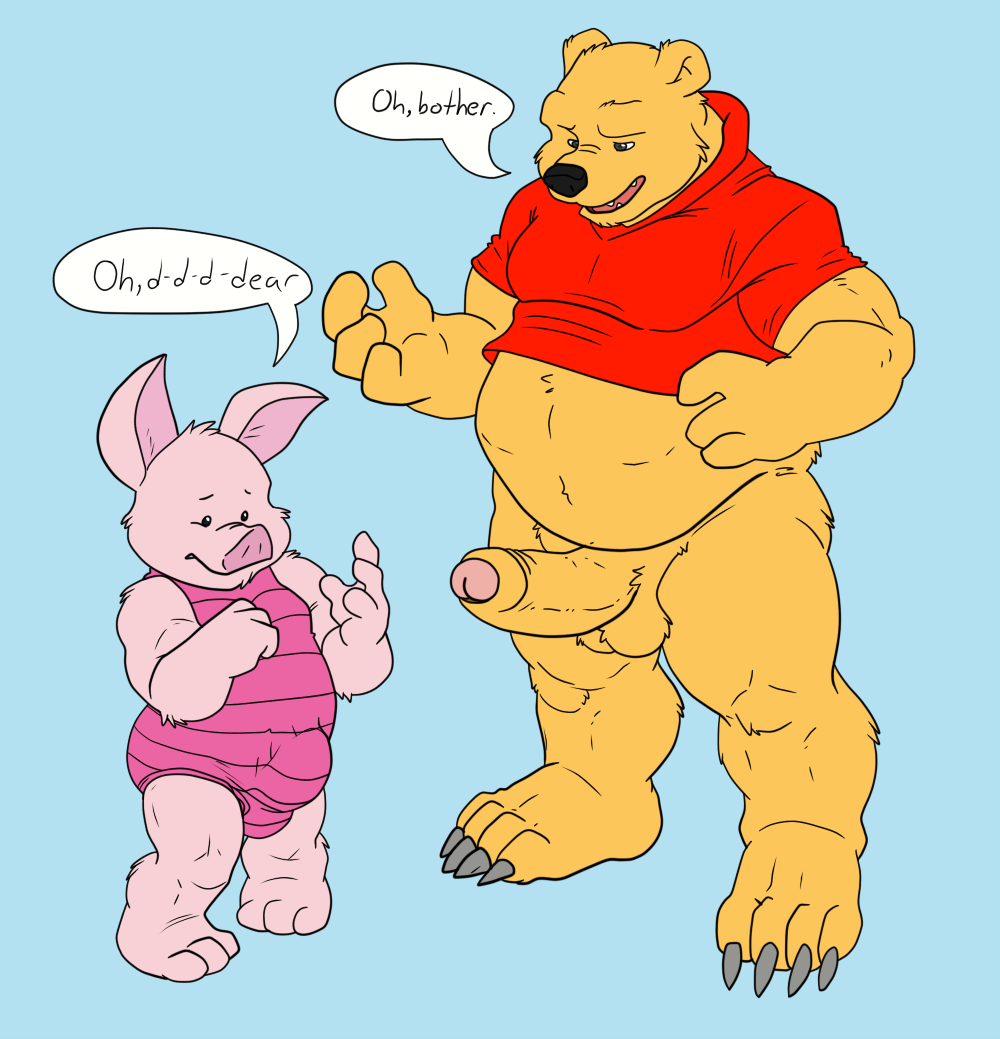 2boys anthro balls bear bottomless bulge dialog disney erection erection_under_clothes humanoid_penis interspecies light_blue_background male male_only mammal multiple_boys partially_retracted_foreskin penis penis_shaped_bulge pig piglet pink_skin pooh_bear porcine size_difference smooth_skin striped_clothing testicles toe_claws uncut winnie_the_pooh_(franchise) wolfblade