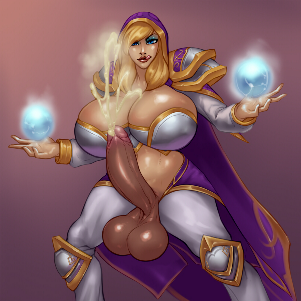 1futa, alternate version available, balls, bimbo, blonde hair, blue eyes, breasts, busty, cleavage, cum, dickgirl, ejaculation, erection, eyeshadow, futa only, futanari, handsfree ejaculation, heroes of the storm, hood, hourglass figure, human, intersex, jaina proudmoore, large breasts, large penis, licking lips, lipstick, magic, makeup, musky cum, pauldrons, penis, rampage0118, solo, standing, testicles, voluptuous, world of warcraft