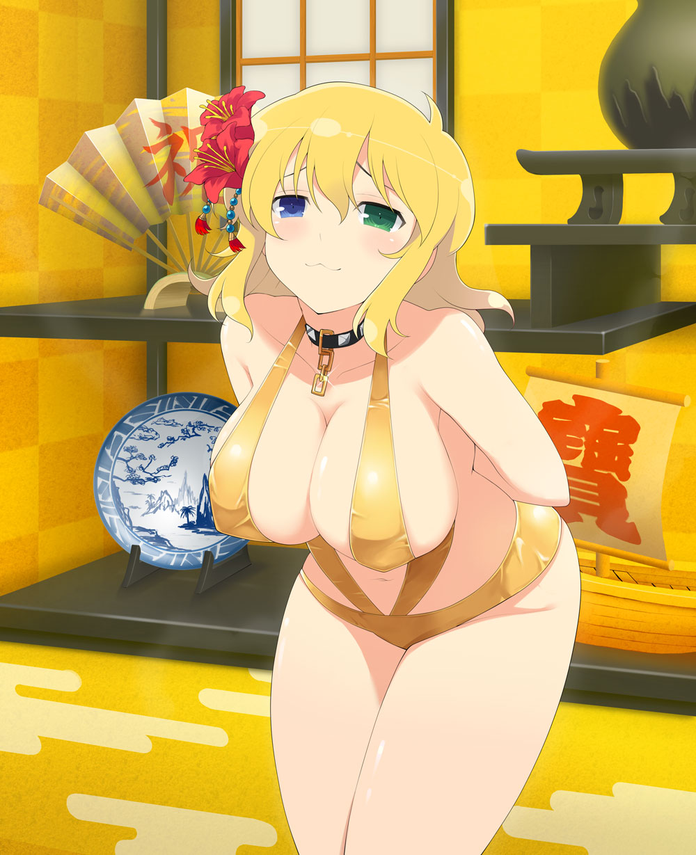 :3, blonde hair, bra, breasts, cleavage, female, heterochromia, large breasts, panties, ryouna (senran kagura), senran kagura, smile, solo, standing, yaegashi nan