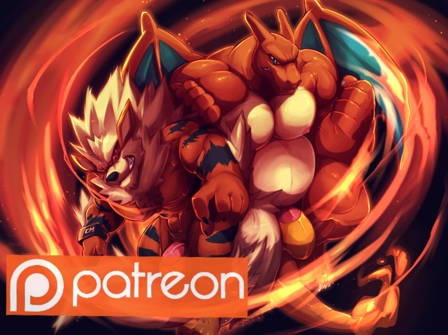 2boys animal_genitalia anthro arcanine black_nose blue_eyes bottomless bracelet canine charizard claws clenched_teeth clothed clothing cursedmarked detailed_background dragon duo english_text erection fire front_view furry hair hi_res humanoid_penis jewelry kneeling looking_at_viewer male male_only mammal mature_male multiple_boys musclegut muscular muscular_male nintendo nipples nude partially_retracted_foreskin paws pecs penis pokemon pokemon_(species) pose rage red_eyes reptile scalie size_difference slightly_chubby smaller_male smile standing stripes teeth text thong topless uncut underwear veins veiny_penis video_games white_hair wings