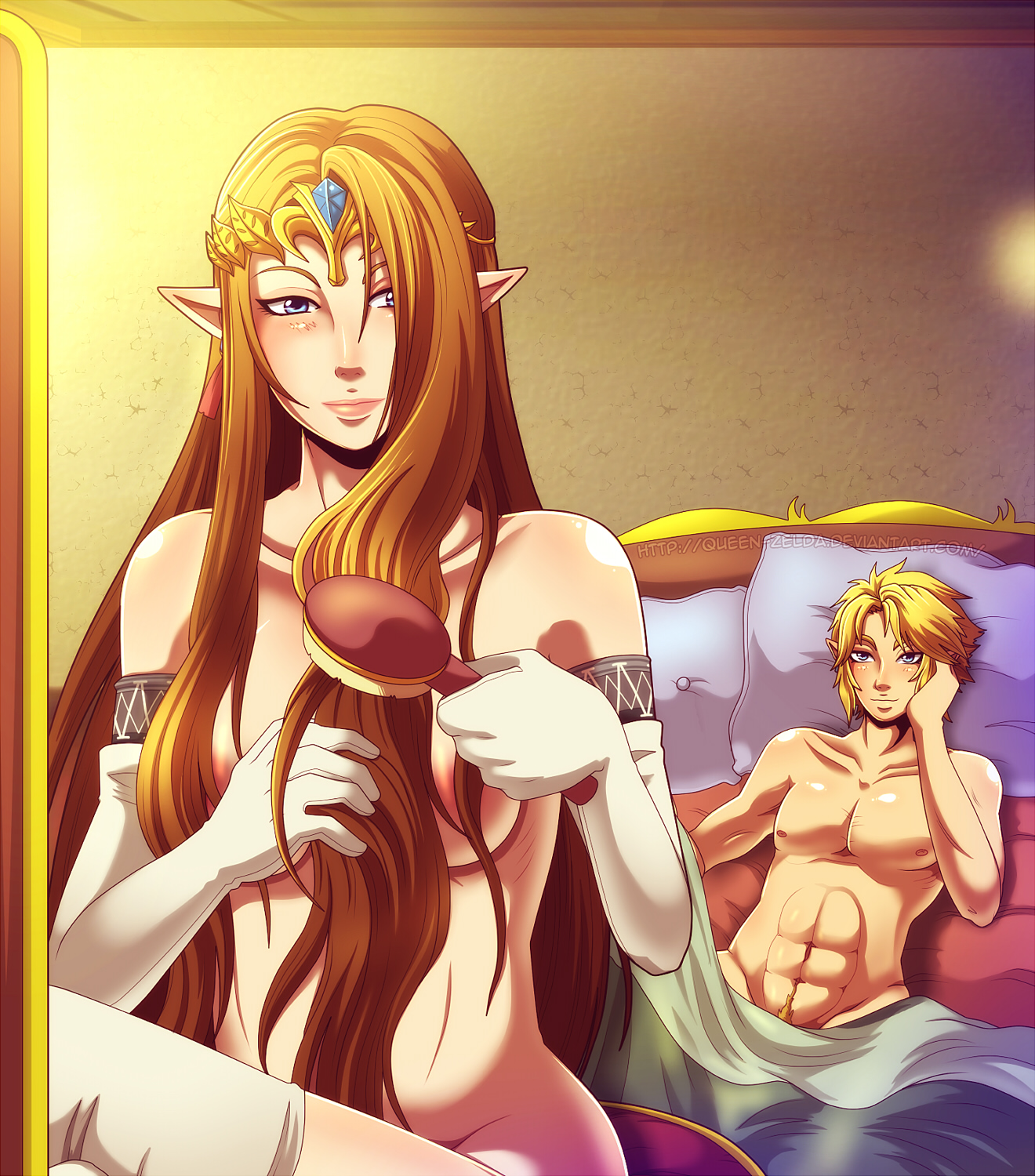 1boy, 1girls, abs, after sex, bed, blonde hair, blue eyes, breasts, brown hair, female, in bed, link, link (twilight princess), male, muscular, muscular male, nintendo, nude, pointy ears, princess zelda, pubic hair, queen-zelda, the legend of zelda, tiara, twilight princess, zelda (twilight princess)