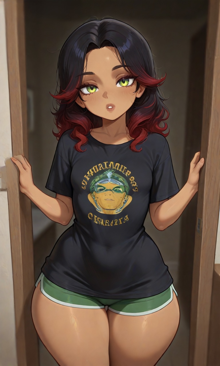 ai generated, bigbizarts, booty shorts, brazilian female, breasts, curly hair, female, green eyes, hazel eyes, latina, latina female, light-skinned female, long hair, original character, oversized shirt, petite female, red highlights, short shorts, small breasts, thick thighs, wide hips