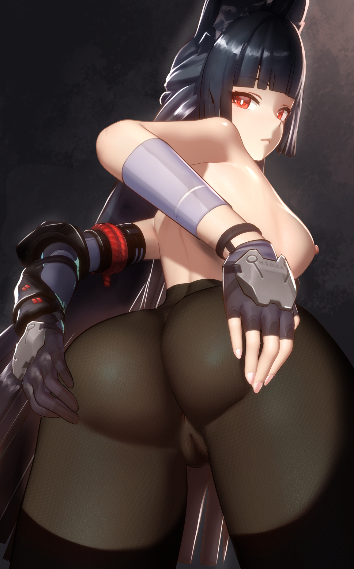 1girls, 2025, 3d, 3d (artwork), 3d model, ass, ass focus, black background, black hair, black pantyhose, breasts, cat ears, dab neko, female, female focus, female only, fingerless gloves, hands on ass, highres, hoshimi miyabi, hoyoverse, jhc (artist), light skin, light-skinned female, long ears, long hair, looking at viewer, looking back, nipples, pantyhose, partially clothed, pov, presenting, presenting hindquarters, presenting pussy, pussy, red eyes, thick ass, thick thighs, topless, zenless zone zero