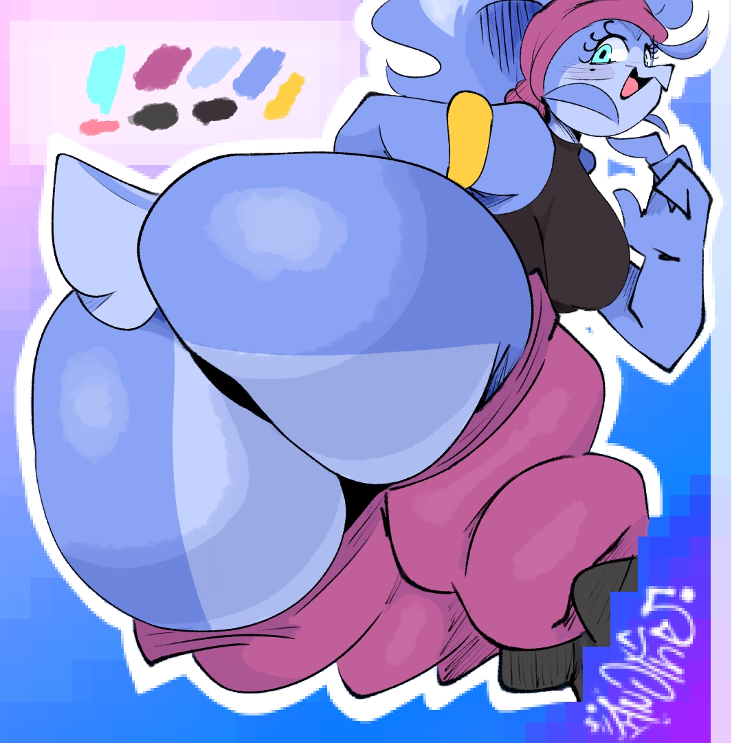 1boy, 1girls, 2025, 4 fingers, adorable, adorasexy, an0ther!, avian, avian humanoid, beauty mark, big ass, big breasts, bird, bird girl, black tank top, blue body, blue feathers, blue hair, breasts, cute, female, green eyes, huge ass, looking at viewer, looking back, looking back at viewer, magenta pants, male, mole, mole under eye, no panties, other8947, pants, pants down, pussy, sagging pants, sssonic2, tagme, tango (sssonic2), tank top, thick thighs, vagina