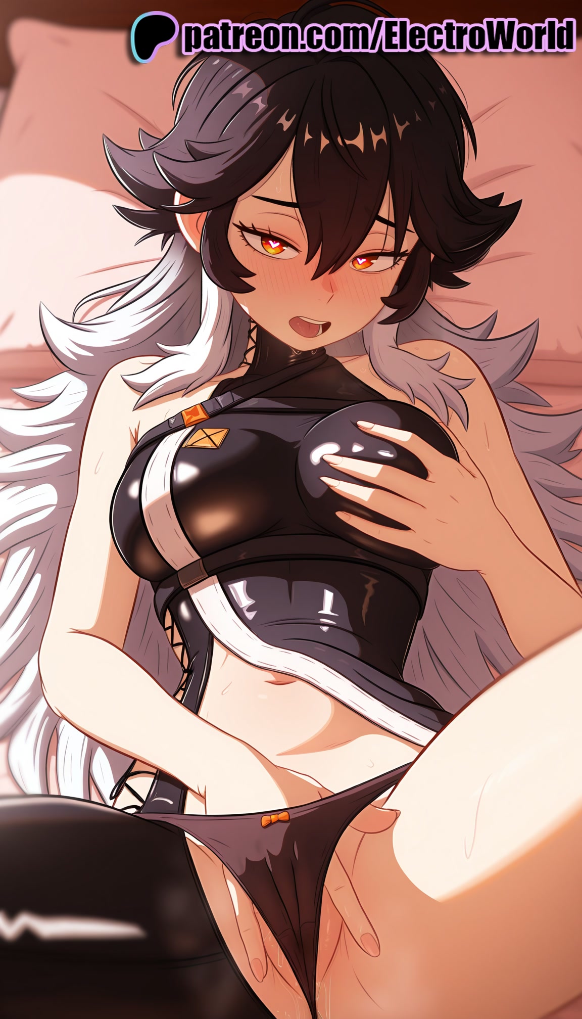 1girls, 2025, ai generated, artist name, black hair, blush, breasts, bust, chest, electroworld, female, goddess of victory: nikke, hair between eyes, hand in panties, hi res, high quality, high resolution, highres, k (nikke), legs apart, legs spread, long hair, masturbation, navel, open legs, open mouth, panties, patreon, patreon username, pointy ears, solo, splayed legs, spread legs, stable diffusion, underwear, watermark