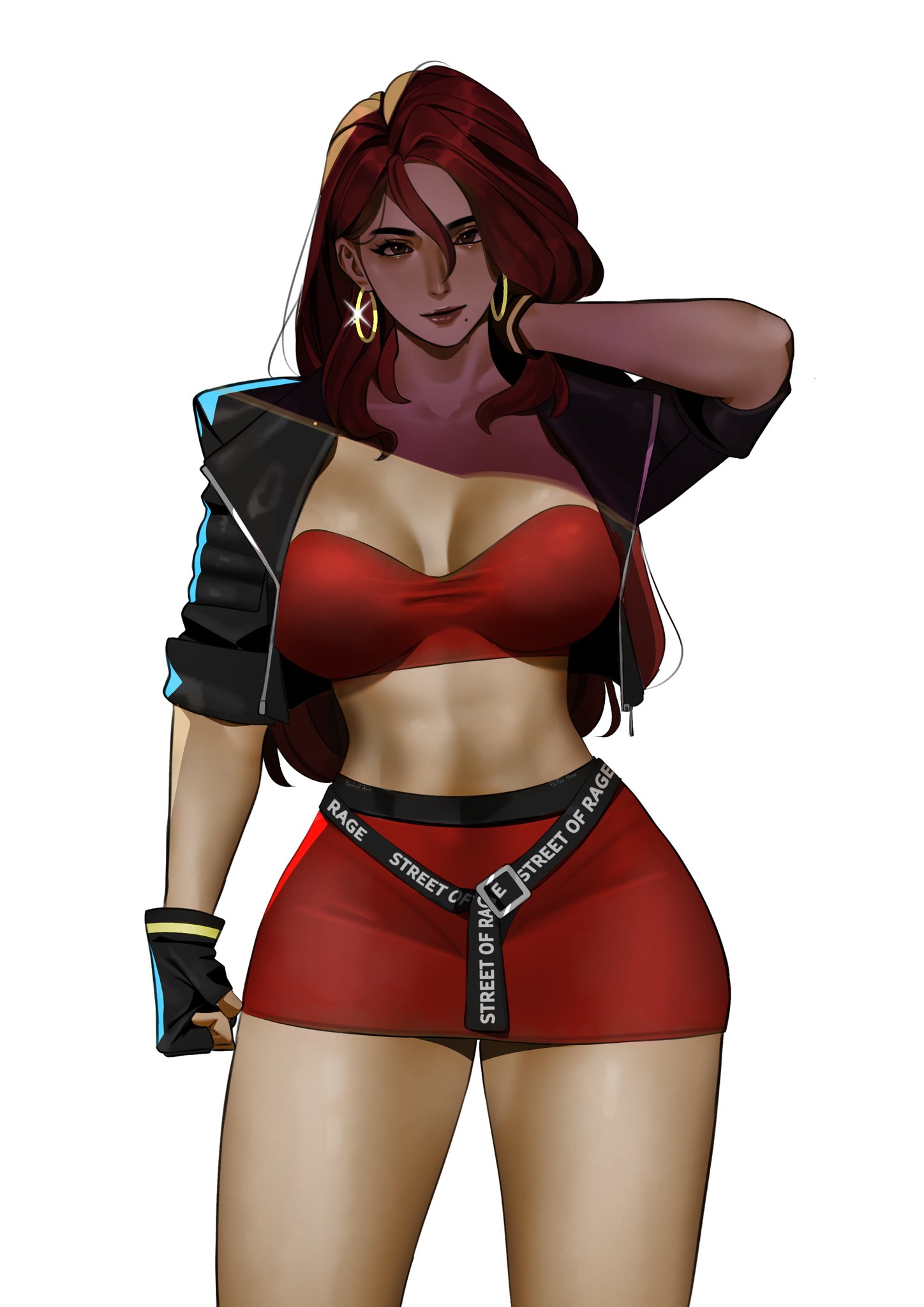 abs, athletic, athletic female, blaze fielding, breasts, brown hair, busty, cleavage, crop top, female, female only, haikalart04 (artist), jacket, long hair, muscle tone, muscles, muscular, muscular female, pose, posing, sega, skirt, sleeves rolled up, streets of rage, streets of rage 4, toned, toned female