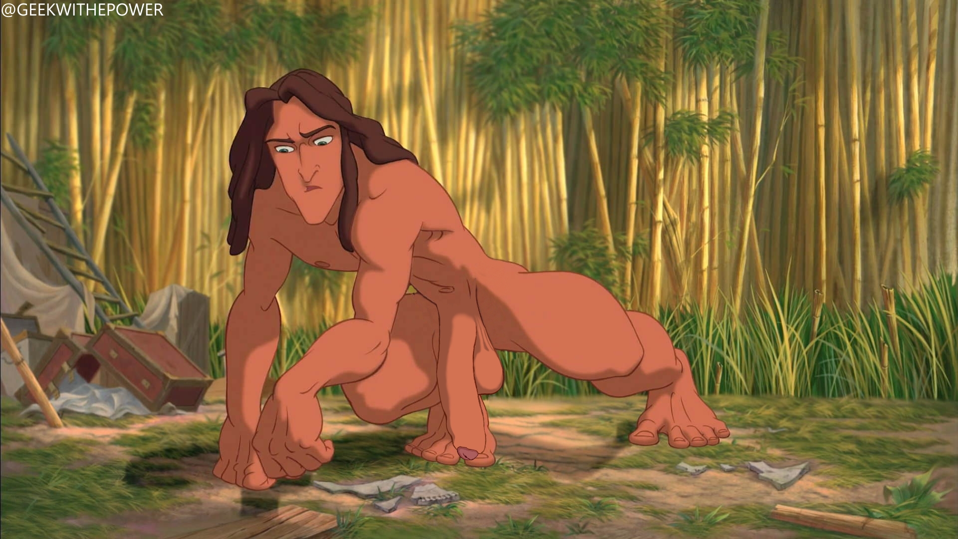 1boy, 2025, balls, big penis, brown hair, casual, completely nude, disney, edit, flaccid, foreskin, geekwithepower, hanging penis, human, jungle, male, male only, muscular, nipples, nonsexual, nonsexual nudity, nudist, pale skin, penis, screencap, solo, tarzan (1999 film), tarzan (character), tarzan (disney), uncircumcised