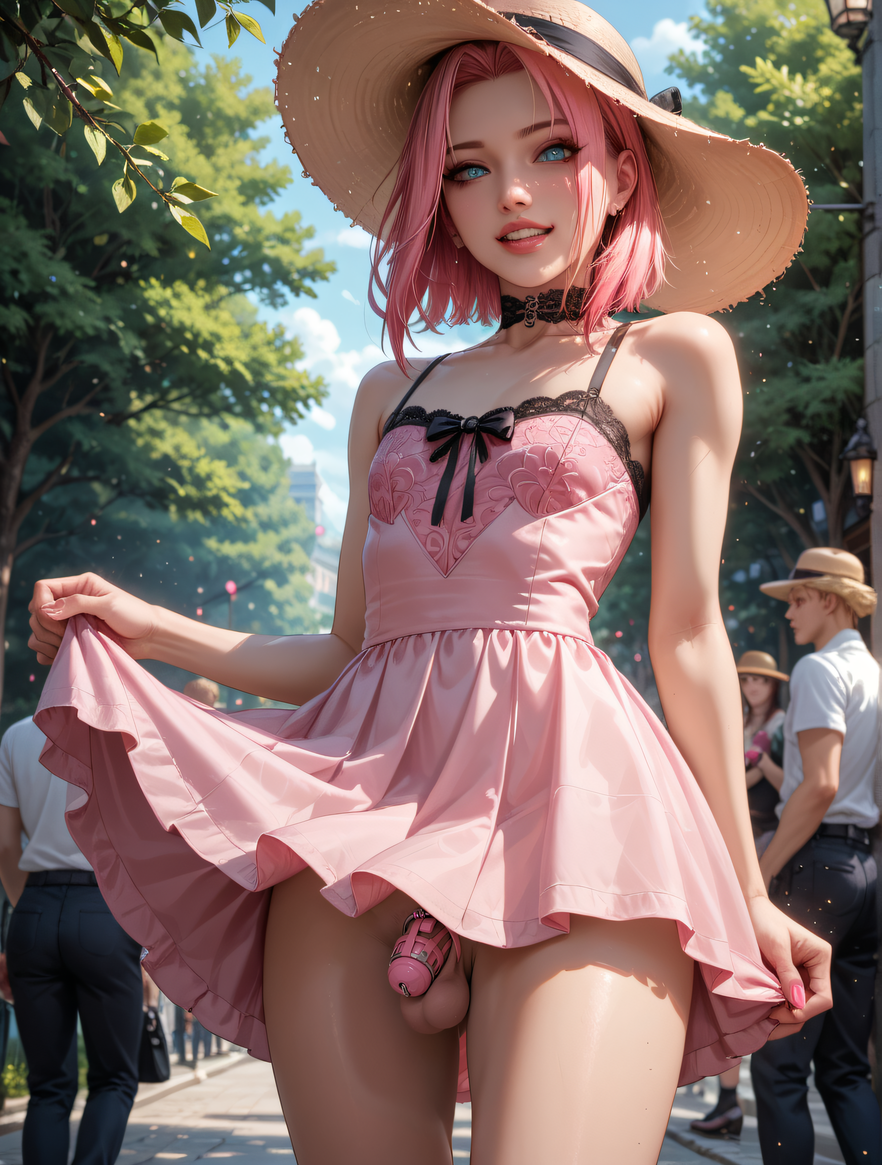 ai generated, chastity cage, futanari, intersex, lacrinar, outdoors, penis, pink hair, small penis, summer dress, summer hat
