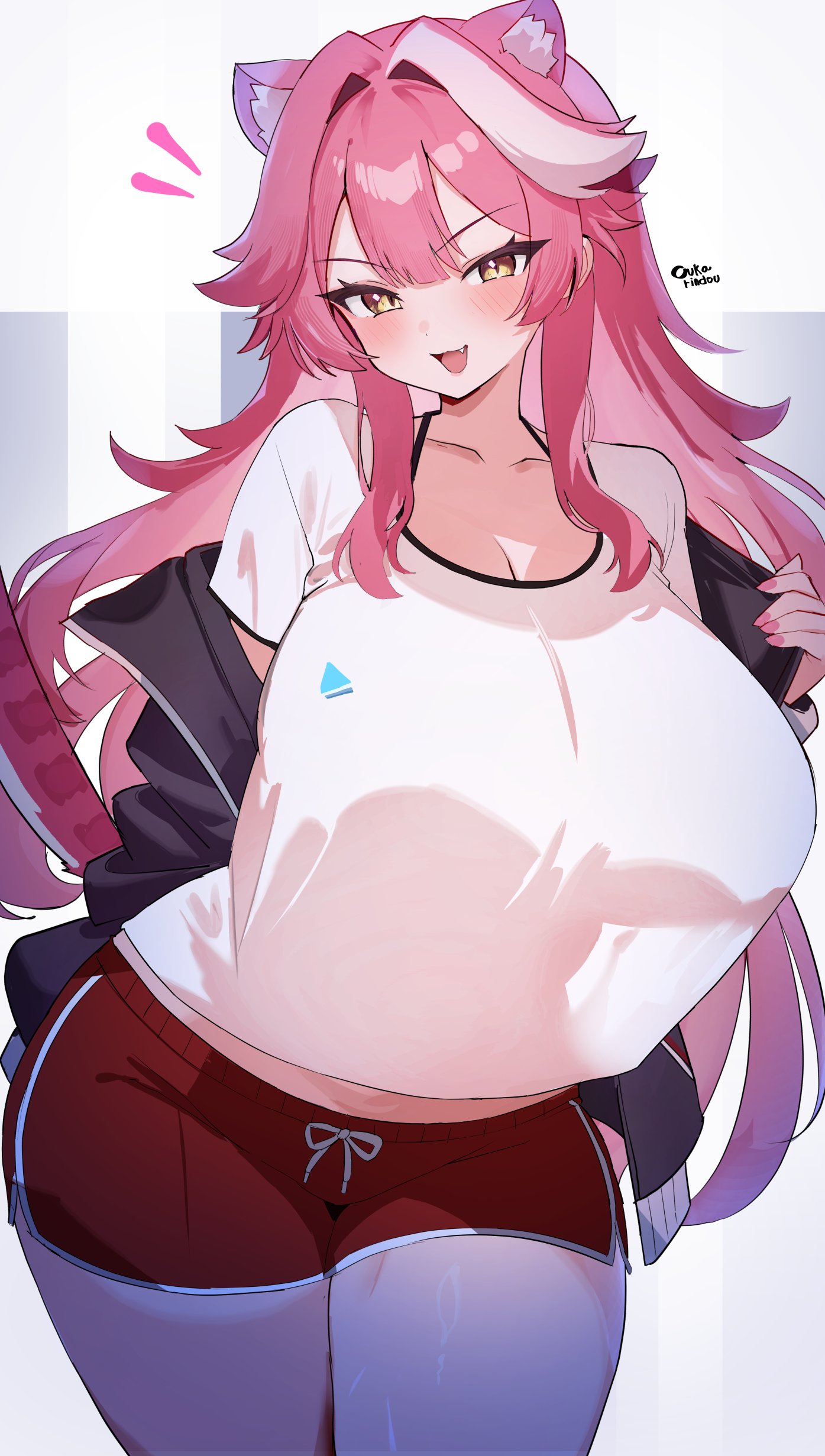 :3, 1girls, absurdres, alternate breast size, alternate breast size (larger), animal ears, artist name, black jacket, blush, breasts, cleavage, collarbone, commentary, cute fang, english commentary, female, fingernails, hair intakes, highres, hololive, hololive english, hololive english -justice-, huge breasts, jacket, kemonomimi, long hair, long sleeves, looking at viewer, multi ear, multicolored hair, nail polish, o-rindou5100, open clothes, open jacket, open mouth, panther ears, panther girl, panther tail, pink hair, pink nails, pink tail, print shirt, raora panthera, red shorts, see-through silhouette, shirt, short shorts, short sleeves, shorts, side slit, side slit shorts, smile, solo, streaked hair, tail, thighs, two-tone hair, virtual youtuber, white background, white shirt, yellow eyes