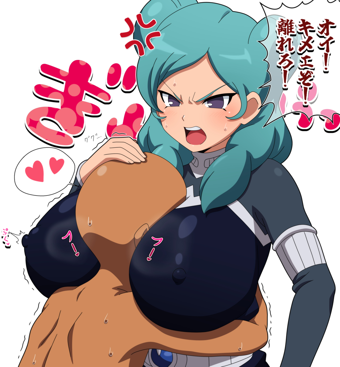 1girls, 2d, absurd res, angry, angry face, beta (inazuma eleven), big breasts, breast on head, breast smother, breasts, breasts bigger than head, breasts out, clothed, cyan hair, erect nipples, erect nipples under clothes, face in breasts, female, female focus, grabbing breasts, head grab, huge breasts, inazuma eleven, inazuma eleven (series), inazuma eleven go, inazuma eleven go chrono stone, level-5, male, purple eyes, secretly loves it, voluptuous female