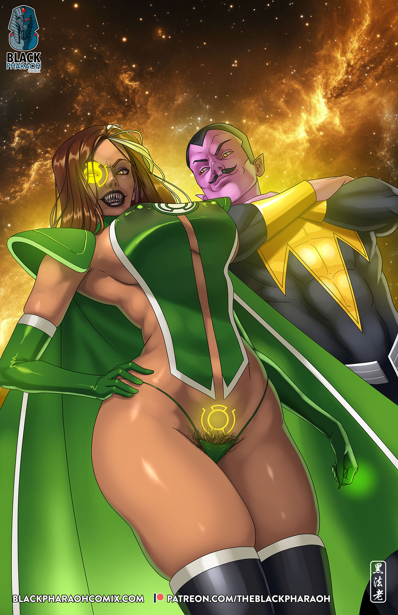 1boy, 1girls, alien, alien humanoid, arms crossed, artist logo, artist name, black hair, branding mark, breasts, brown hair, conjugal slavery, corruption, costume, dc, dc comics, elbow gloves, female, green lantern, green lantern (series), green lantern ring, huge breasts, jessica cruz, male, moustache, nipple bulge, nipples visible through clothing, panties, parallax, patreon, patreon logo, patreon url, patreon username, pink skin, pointed ears, power ring, pubic hair, pubic hair peek, pubic tattoo, sharp teeth, shiny skin, sideboob, sinestro, sinestro corps, space, stockholm syndrome, theblackpharaoh, thick thighs, thigh highs, underboob, web address, yellow eyes, yellow lantern