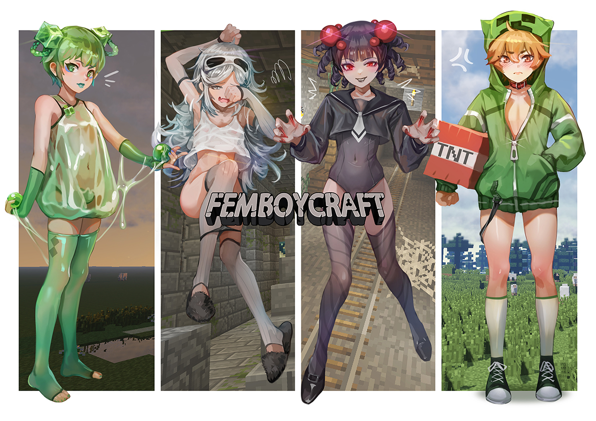 4boys, amber eyes, anger vein, armwear, barefoot, black hair, black one-piece swimsuit, black sailor collar, black serafuku, black shoes, blonde hair, blue fingernails, bottomless, boys only, bulge, bulge in panties, collar, creeper (minecraft), crop top, femboy, flesh fang, green eyes, green hair, green shoes, green toenails, grey eyes, hair ornament, half gloves, hoodie only, horse (minecraft), kneehighs, leotard, light-skinned male, male, male only, minecraft, multiple boys, multiple males, naked jacket, panties, red eyes, red fingernails, red hair ornament, red orb, sailor uniform, serafuku, sharp fingernails, sheep (minecraft), silverfish (minecraft), slime (minecraft), slippers, sneakers, spider (minecraft), spiderweb, steamed egg, stirrup legwear, thighhighs, tnt, torch, transparent clothing, white hair
