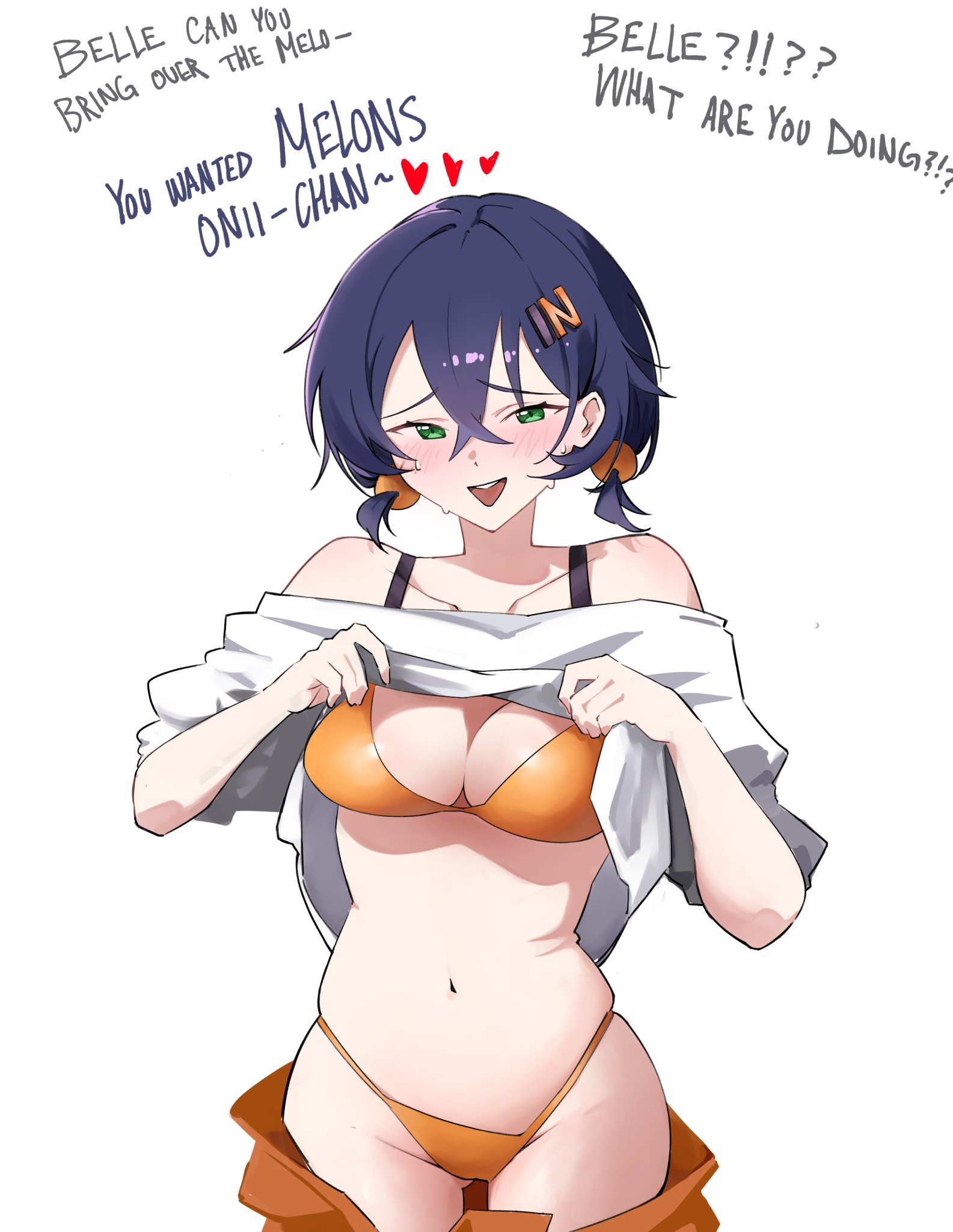 1girls, bare belly, bare hands, bare hips, bare midriff, bare navel, bare shoulders, bare skin, bare thighs, belle (summer skies) (zenless zone zero), belle (zenless zone zero), belly, belly button, big breasts, bikini, bikini bottom, bikini top, black hair, black-haired female, blush, blush face, blushing at viewer, blushing female, blushing lines, breasts, brother and sister, busty, busty female, cleavage, collarbone, curvaceous, curvaceous body, curvaceous female, curvaceous figure, curvaceous hips, curvy, curvy body, curvy female, curvy figure, curvy hips, dialogue, digital drawing, digital media, elbows, embarrassed, embarrassed expression, embarrassed female, english, english dialogue, english text, exposed belly, exposed hips, exposed midriff, exposed navel, exposed shoulders, exposed skin, exposed thighs, exposing, exposing breasts, exposing chest, exposing self, female, female focus, female only, fingers, flustered, flustered female, green eyes, green-eyed female, groin, hair between eyes, hair clip, hair ornament, hairclip, hairclips, halterneck, high resolution, highres, hourglass figure, incest, inguinal crease, inguinal ligament, karasawamiko, large boobs, large breasts, lean figure, looking at viewer, midriff, narrow waist, navel, official alternate costume, open mouth, open mouth smile, orange bikini, orange bikini bottom, orange bikini top, orange string bikini, orange swimsuit, orange swimwear, parted lips, plump breasts, short hair, shoulders, showing breasts, showing chest, simple background, slender body, slender waist, slim waist, smile, smiley face, smiling, smiling at viewer, smug, smug expression, smug eyes, smug face, smug grin, smug smile, solo, solo female, solo focus, speaking, standing, string bikini, swimsuit, swimwear, text, thigh gap, thighs, thong bikini, tongue, twintails, twintails (hairstyle), upper body, upper teeth, white background, wide hips, zenless zone zero