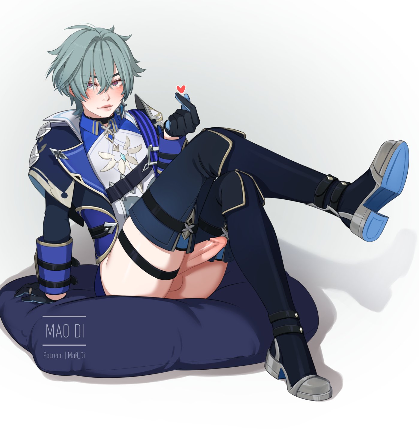 1boy, blue hair, blush, clothed, clothing, cushion, femboy, gay, genshin impact, glans, lohen (genshin impact), male, male only, male solo, mao di, penis, penis between legs, penis between thighs, purple eyes, sitting, smooth penis, smooth thighs, solo, teal hair, twink
