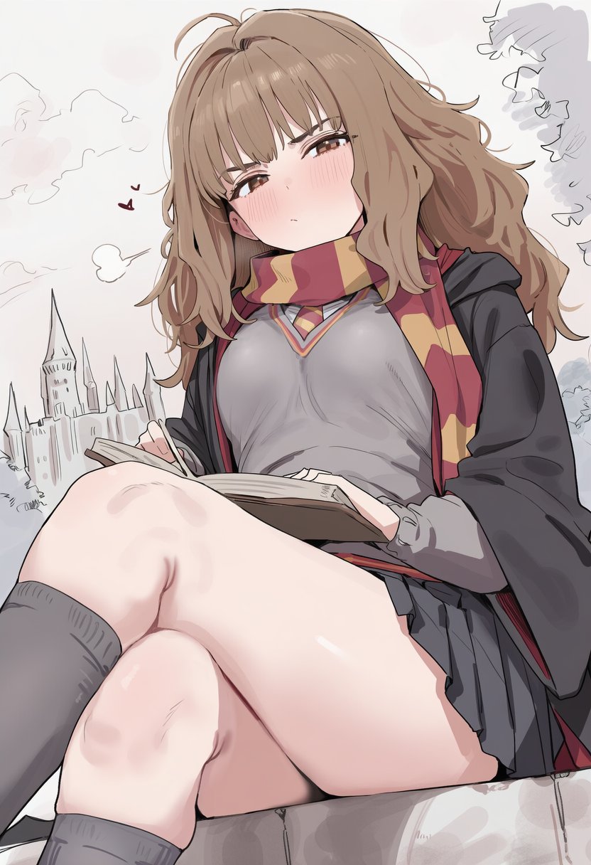 1girls, ahoge, ai generated, bangs, blush, book, breasts, brown eyes, brown hair, brown jacket, crossed legs, eighth note, eyebrows visible through hair, female, grey legwear, half-closed eyes, harry potter, hermione granger, holding, jacket, kneehighs, long hair, long sleeves, looking at viewer, pleated skirt, scarf, school uniform, shirt, sitting, skirt, solo, thick thighs, thighs