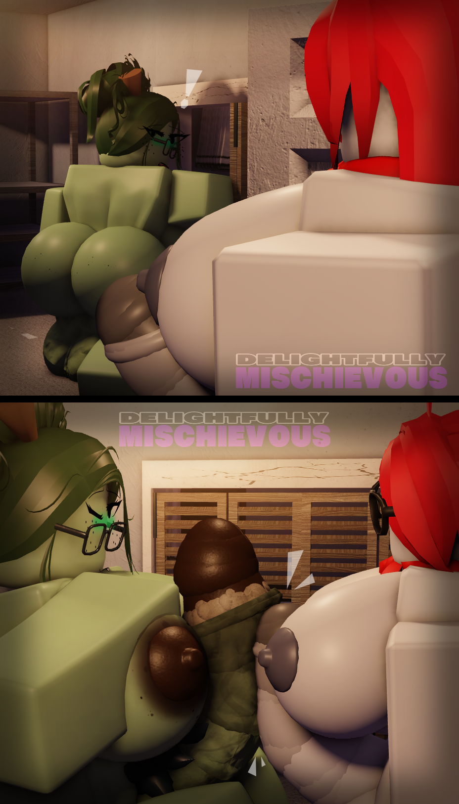 3d, balls, ballsack, bedroom, big ass, big ass (female), big ass (futa), big ass cheeks, big balls, dark green hair, delightfullymischievous, eyelashes, eyeliner, female, food, futa only, futanari, glasses, green hair, green skin, hyper, hyper cock, hyper penis, indoors, intersex, pear, pear (dmischievous), penis, red hair, roblox, robloxian, self upload, walk in, walked in on, watermark, white cock, white skin