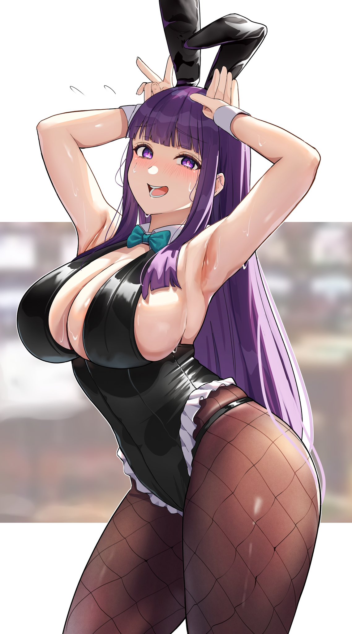 :d, 1girls, animal ears, armpits, ass, black leotard, blunt bangs, blurry, blurry background, bow, bowtie, breasts, brown pantyhose, bunnysuit, cleavage, commentary, detached collar, embarrassed, fake animal ears, female, female only, fern (sousou no frieren), fishnet pantyhose, fishnets, forced smile, fully clothed, green bow, green bowtie, highleg, highleg leotard, highres, hourglass figure, huge breasts, human, human female, large breasts, leotard, light-skinned female, long hair, looking at viewer, pantyhose, playboy bunny, purple eyes, purple hair, rabbit ears, rabbit pose, shiny clothes, sideboob, simple background, slim waist, smile, solo, sousou no frieren, sweat, thick thighs, tight clothing, very long hair, white wrist cuffs, wide hips, wrist cuffs, yami anko