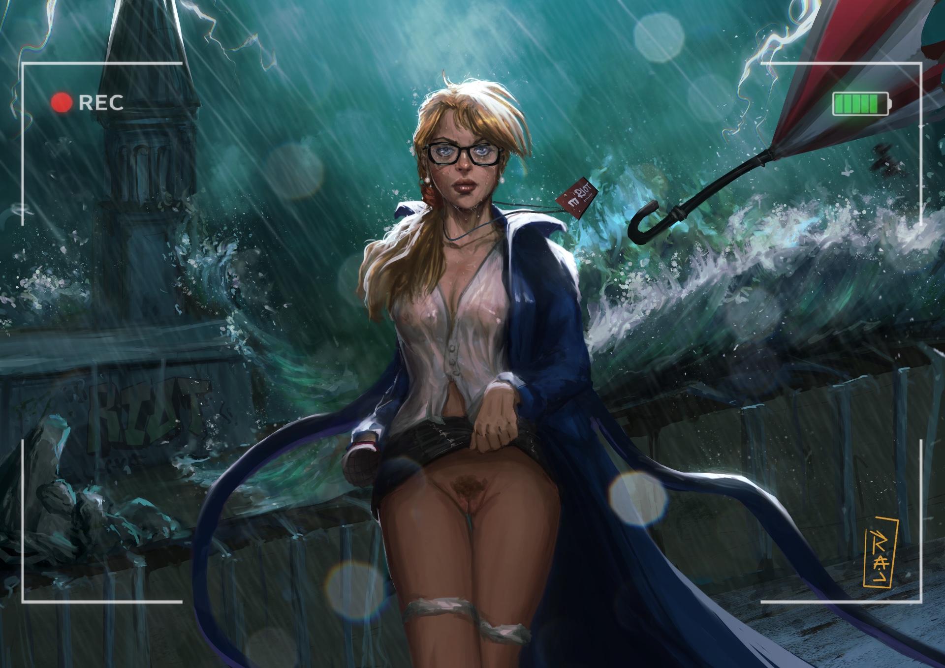 1girls, blonde hair, blue eyes, child bearing hips, curvaceous, curvaceous body, curvaceous female, curvaceous figure, curvy, curvy body, curvy female, curvy figure, female, female focus, female only, forecast janna, functionally nude, functionally nude female, glasses, interview, janna windforce, league of legends, looking at viewer, moon, night, night sky, pov, pussy, rain, rajdraw, recording, recording video, reporter, riot games, slender waist, solo, solo female, solo focus, storm, umbrella, waifu, wet, wet body, wind
