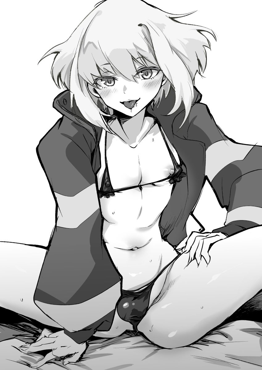 1boy, androgynous, bikini, bob cut, bulge, clothing, femboy, jacket, lio fotia, looking at viewer, male, pov, promare, seductive, seductive look, short hair, slim, slim male, slim waist, solo