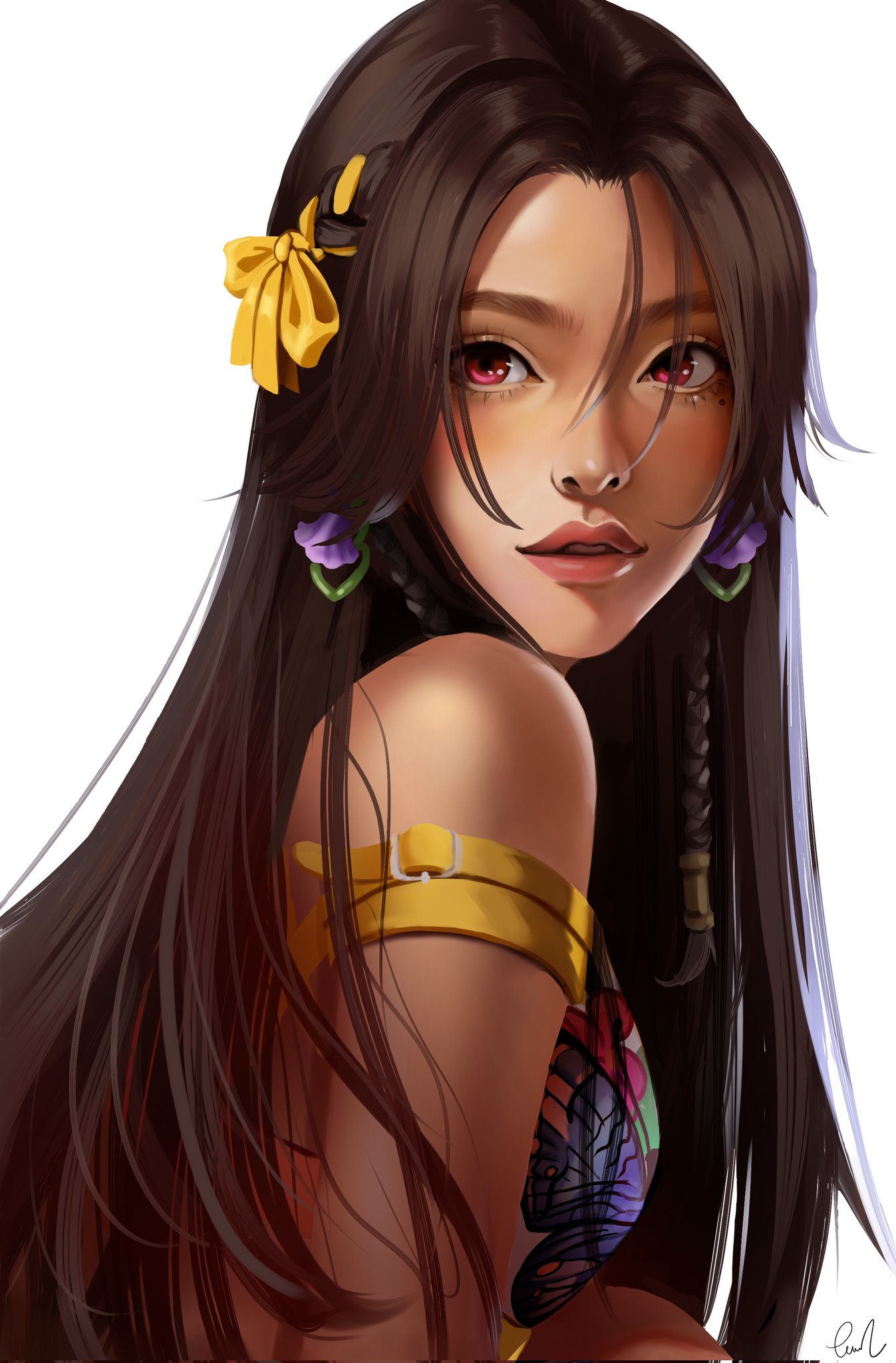 1girls, african female, armlet, bikini top, brown hair, brown lips, close-up, corrupted twitter file, dark skin, dark-skinned female, earrings, eman (eno b), face, female, floral print, hair ribbon, miary zo, mole, mole under eye, namco, portrait, red eyes, signature, solo, tekken, tekken 8