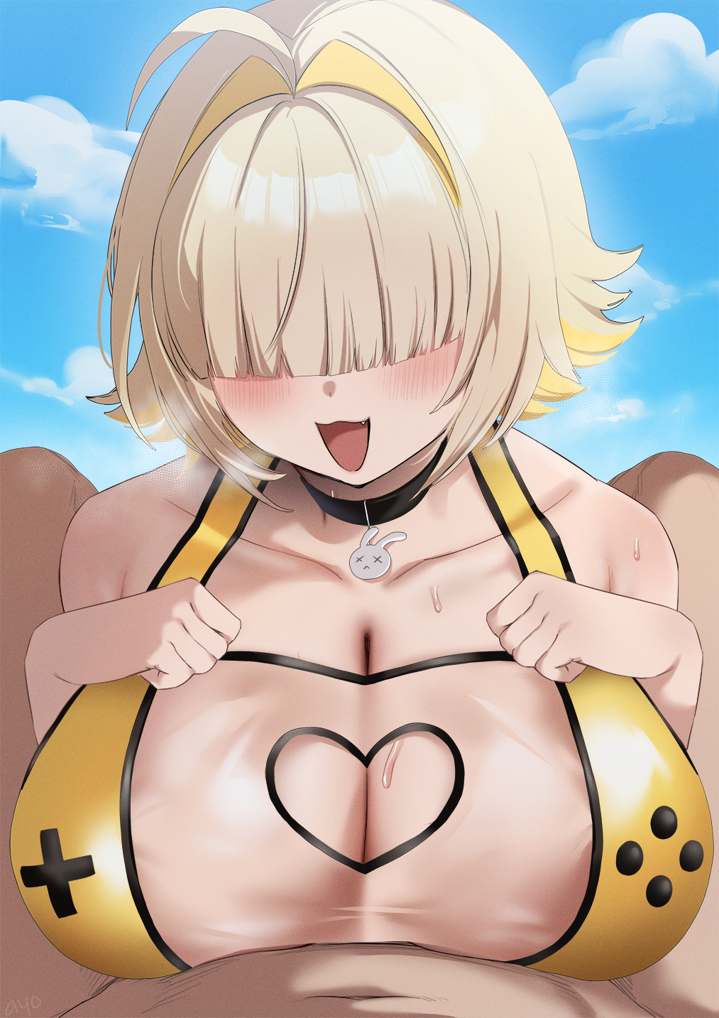 1boy, 1girls, ayomo ro, big breasts, blonde hair, convenient censoring, elegg (boom and shock) (nikke), elegg (nikke), goddess of victory: nikke, hair over eyes, highres, implied paizuri, male pov, paizuri, paizuri under clothes, pov, swimsuit, tagme