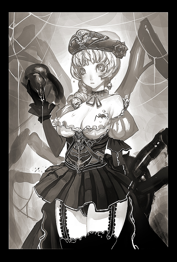 breasts cleavage copyright_request cum dress drider earrings garter_belt gloves hat jeffr jewelry monochrome monster_girl panties penis skirt spider_girl tattoo thighhighs underwear web