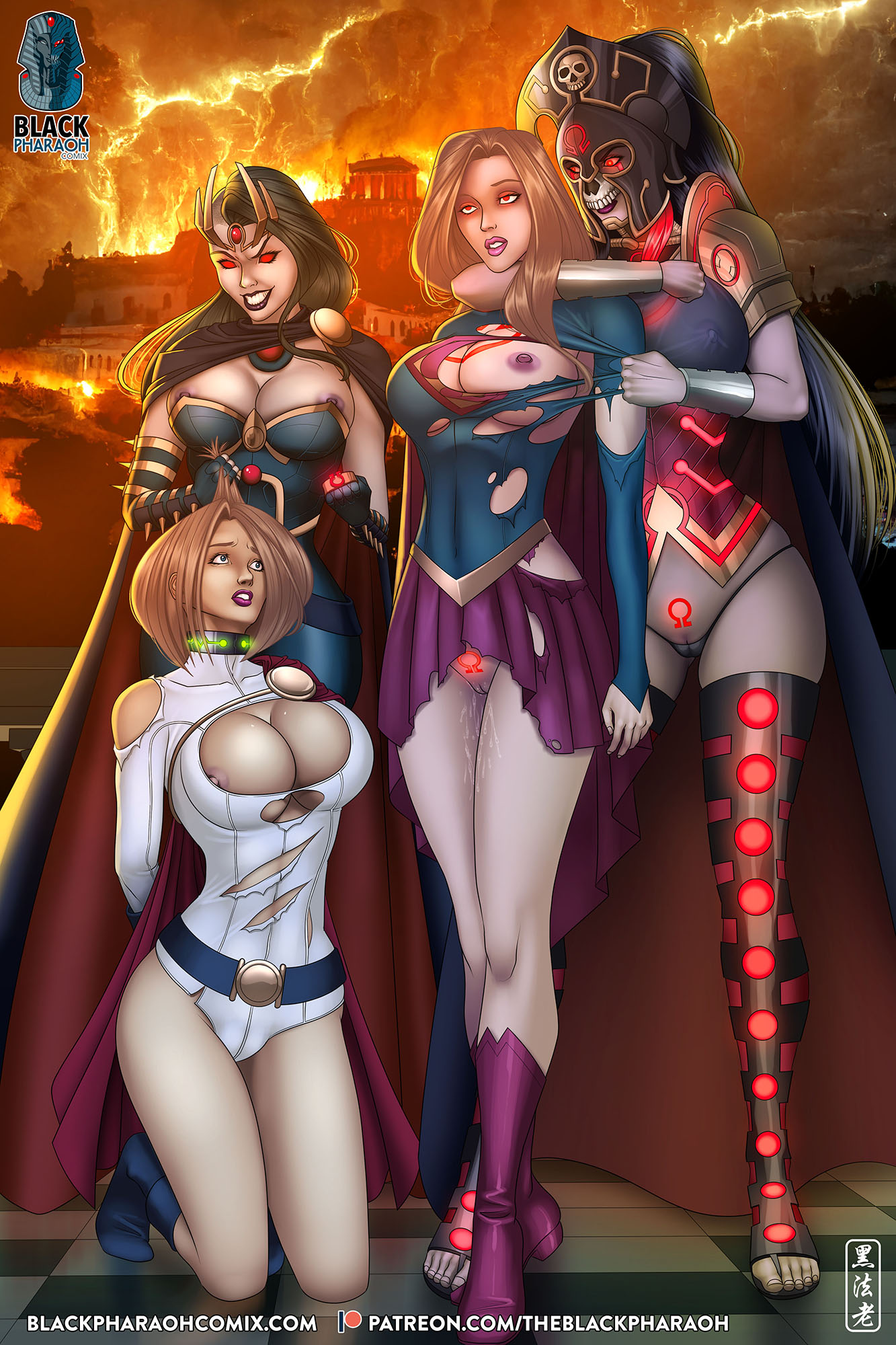 4girls, alien, alien girl, alien humanoid, amazon, aroused, artist logo, artist name, belt, black hair, black lipstick, blonde hair, boots, bracelet, brainwashed, brainwashing, breasts, breasts visible through clothing, cameltoe, collar, conjugal slavery, corrupted, corruption, costume, dc, dc comics, defeated, defeated heroine, diana prince, elbow gloves, exposed breasts, exposed pussy, exposing chest, female, gloves, glowing eyes, grail (dc), helmet, heroine, holding object, huge breasts, hypnosis, hypnotic eyes, hypnotized, kneeling, kryptonian, kryptonite, leotard, lipstick, mind break, mind control, mindbreak, mindless, nip slip, nipples, nipples visible through clothing, no pupils, omega symbol, panties, patreon, patreon logo, patreon url, patreon username, personality change, pink lipstick, power girl, pubic tattoo, pulling hair, purple lupstick, pussy, pussy peek, red eyes, ripped clothing, ripped costume, ripping clothing, scared, scared expression, sheer, sheer clothing, sheer top, shocked, shocked expression, skirt, skull, skull mask, smiling, supergirl, superman (series), theblackpharaoh, thighhighs, tiara, toes, torn skirt, villain, villainess, web address, wet pussy, wonder woman, wonder woman (series)