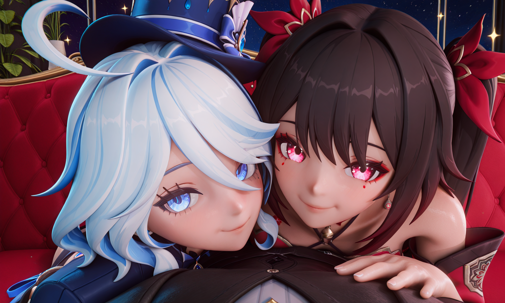 1boy, 2girls, 3d, black hair, crossover, female, furina (genshin impact), genshin impact, hat, honkai (series), honkai: star rail, male, mask, seductive smile, sparkle (honkai: star rail), twintails, white hair