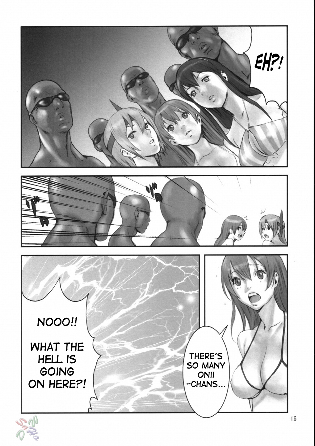 ayane_(doa) bald dark-skinned_male dark_skin dead_or_alive dead_or_alive_xtreme_beach_volleyball doujin doujinshi english_text female hard_translated highres hitomi_(doa) human human_only interracial kasumi_(doa) male monochrome nekoi_mie page_16 sunglasses translated watermark zack_(dead_or_alive)