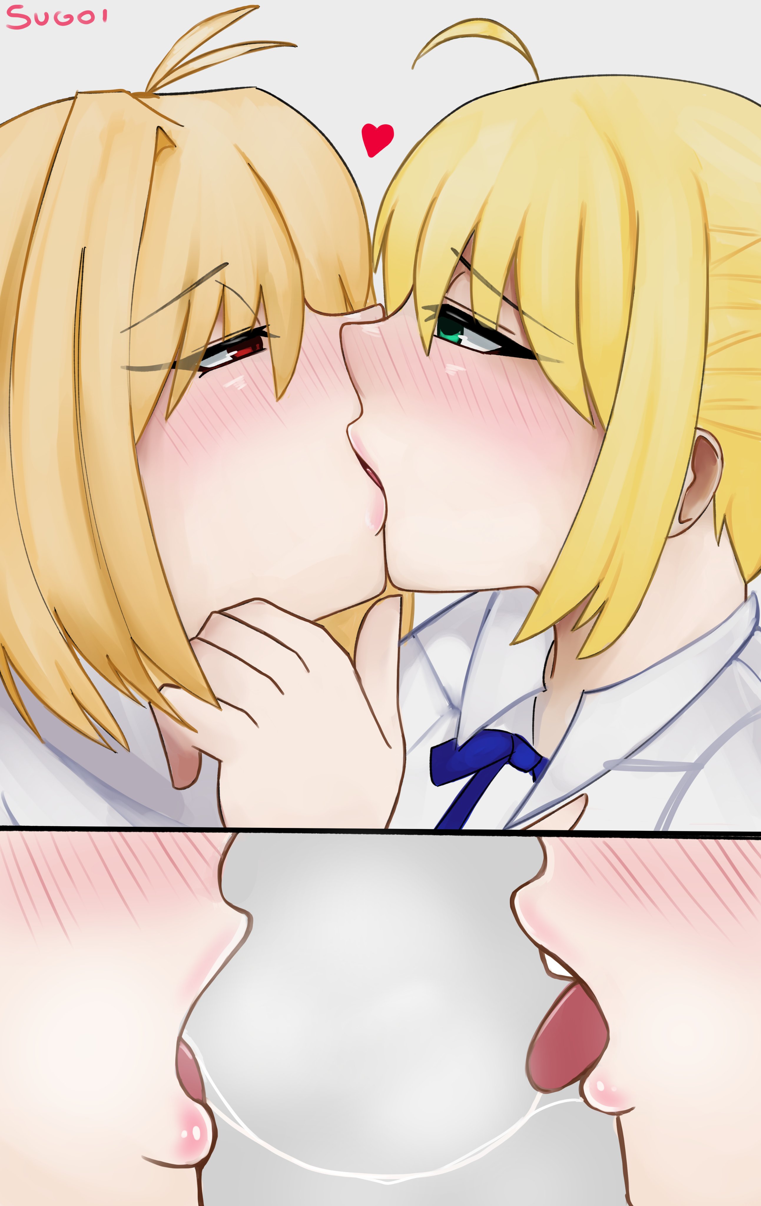1girls, after kiss, arcueid brunestud, artoria pendragon, blonde hair, blush, clothing, fate (series), fate/grand order, fate/stay night, fate/zero, female, female focus, female only, green eyes, kiss, kiss on lips, kissing, light-skinned female, looking at another, multiple females, multiple girls, open mouth, red eyes, saber, saliva, saliva string, saliva trail, short hair, sugoiiii , tongue out, tsukihime, yuri