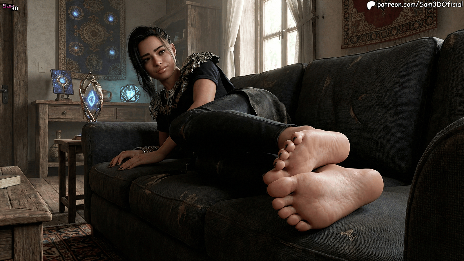barefoot, black hair, brown eyes, chocolate girl, dark skin, dark-skinned female, ebony, ebony female, feet, feet fetish, foot fetish, forspoken, frey holland, sam3d, soles, toes