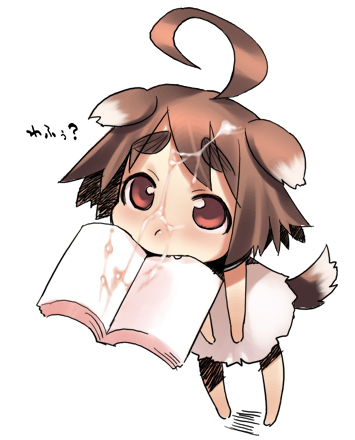 animal_ears book brown_hair copyright_request cum cum_on_hair cute_fang ear_down eyebrows female lowres mouth_hold oohara_kyuutarou tail translated woof