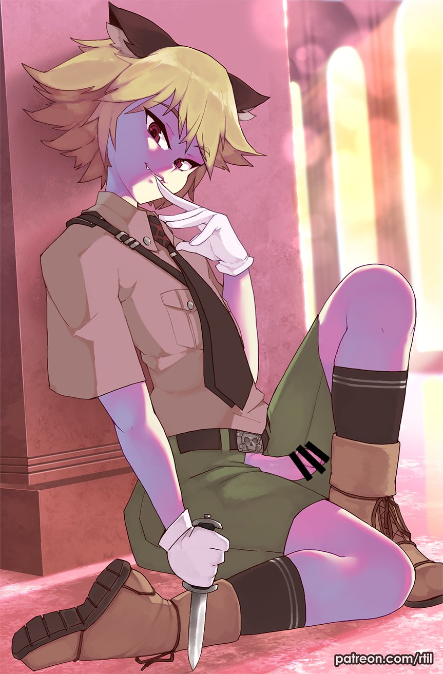 1boy, belt, blonde hair, cat ears, erection, gloves, hellsing, knife, male, male only, pants, penis, penis out, red eyes, rtil, schrodinger, shoes, skinny, small penis, solo, solo male, tie, young